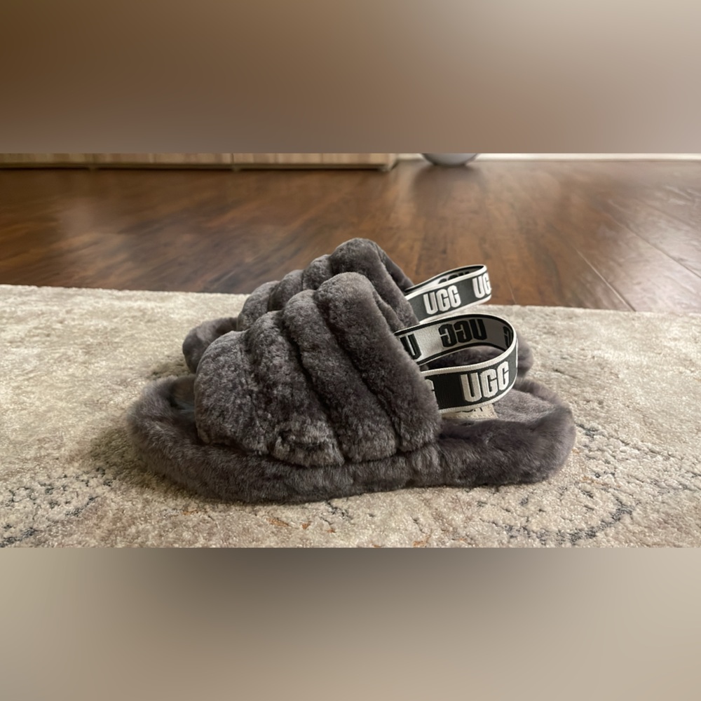 UGG Charcoal Fluffy Slides
